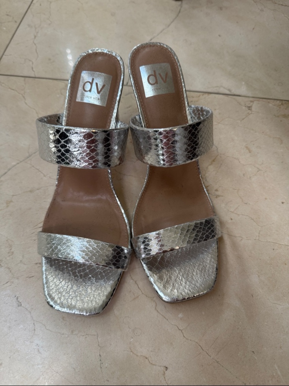 DV by Dolce Vita Metallic Silver Snake-Embossed Double-Band Heels